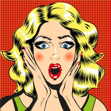 Pop art kadın yüzü açık ağız çizgi roman tarzı çizim ile şaşırttı