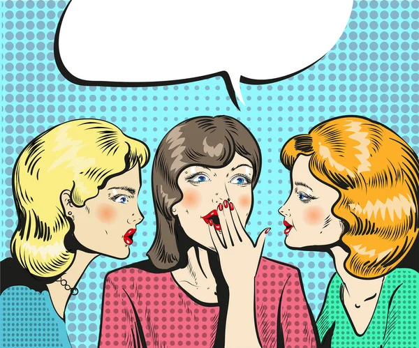 Mujeres hablando susurrando arte pop retro cómic estilo ilustración — Vector de stock