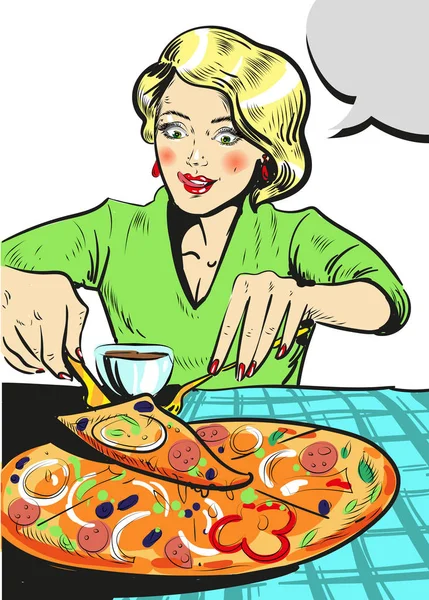 Woman eating pizza comic illustration — Stock Vector