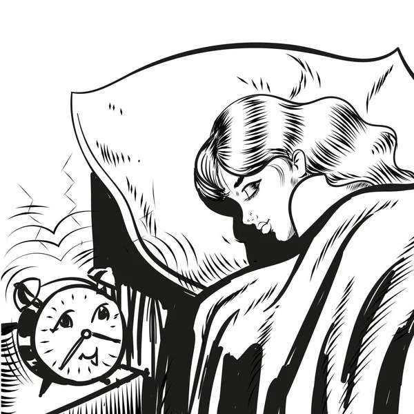 Kvinde sover med alarm linje illustration – Stock-vektor