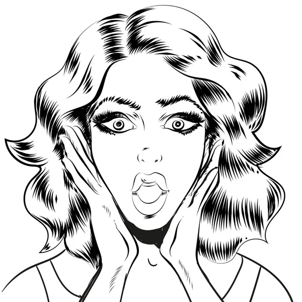 Surprised woman face line art — Stock Vector