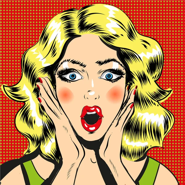 Pop art femme surprise visage avec illustration de style comique bouche ouverte — Image vectorielle