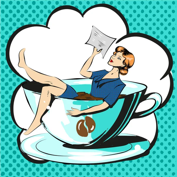 Mujer de negocios en taza de café documento de lectura pop art cómic — Vector de stock