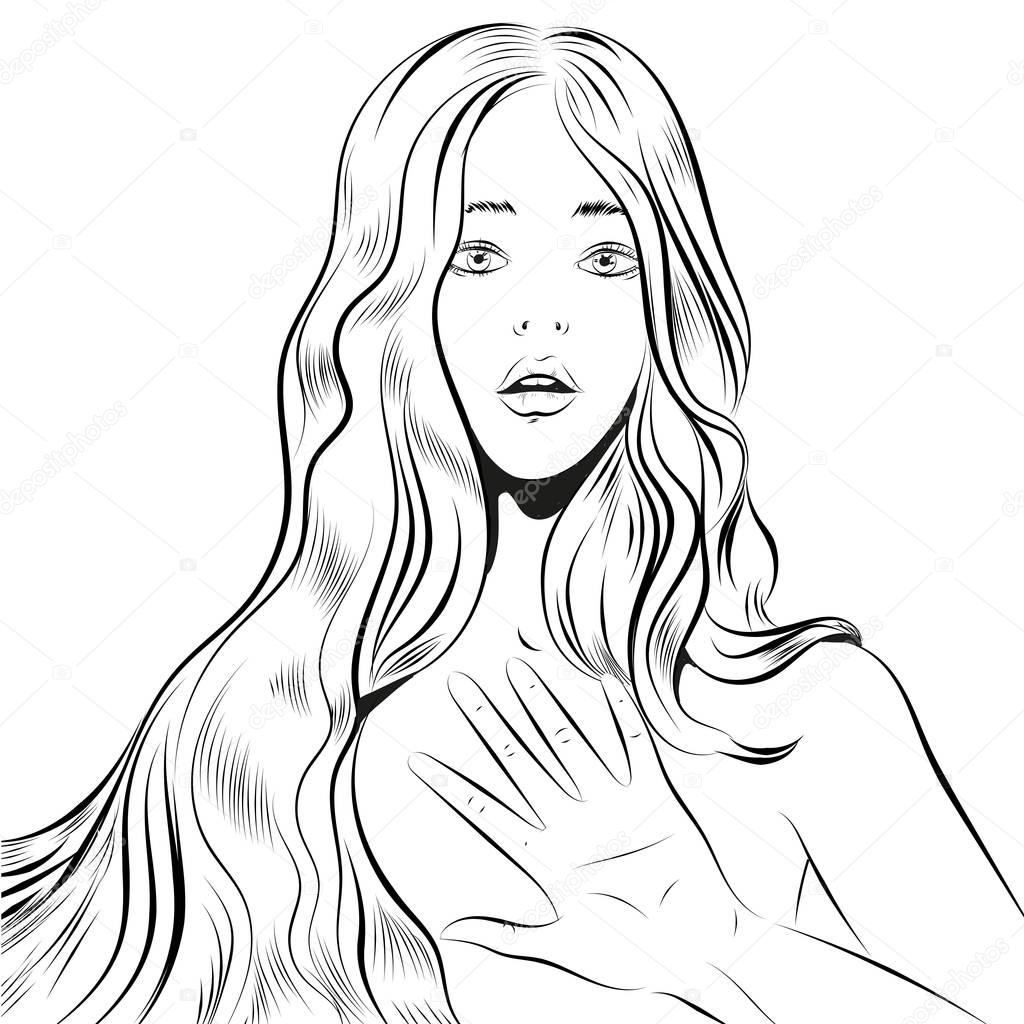 Beautiful woman with long hair qestuing NO or stop line art