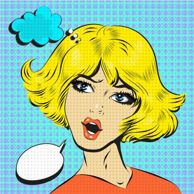 Sarışın kadın sürpriz pop art comic stili vektör şok