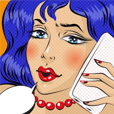 Genç kadın cep telefonu pop art comic stili çizim üzerinde bahsediyorsun