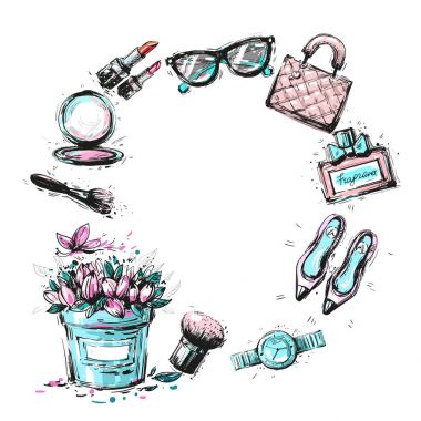 Kozmetik ve moda öğeleri vektör çerçeve şablon
