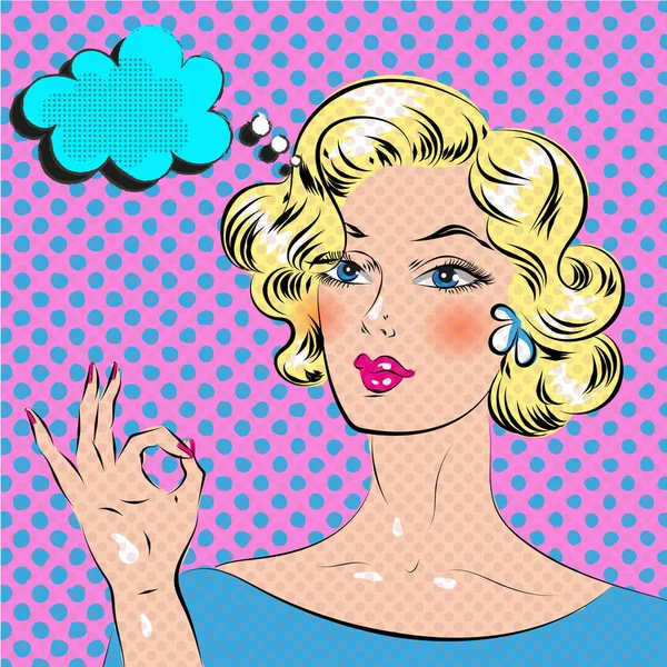 Blond haired popart strips vrouw met hand ok vector — Stockvector