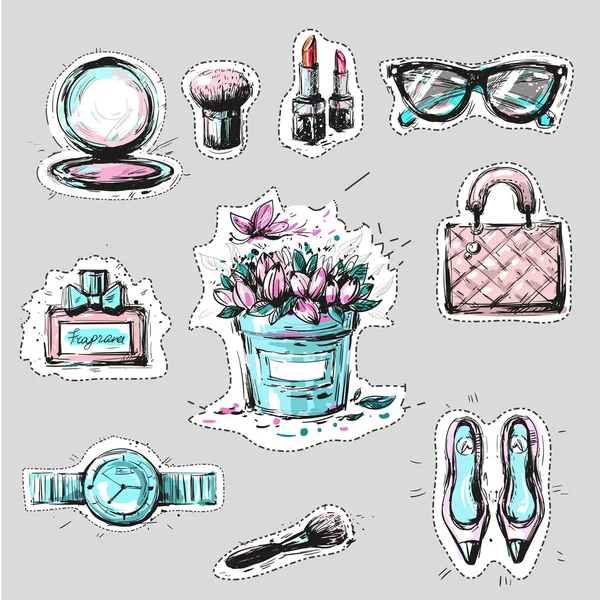 Fashion elements stickers or badges hand drawn style — Stock Vector