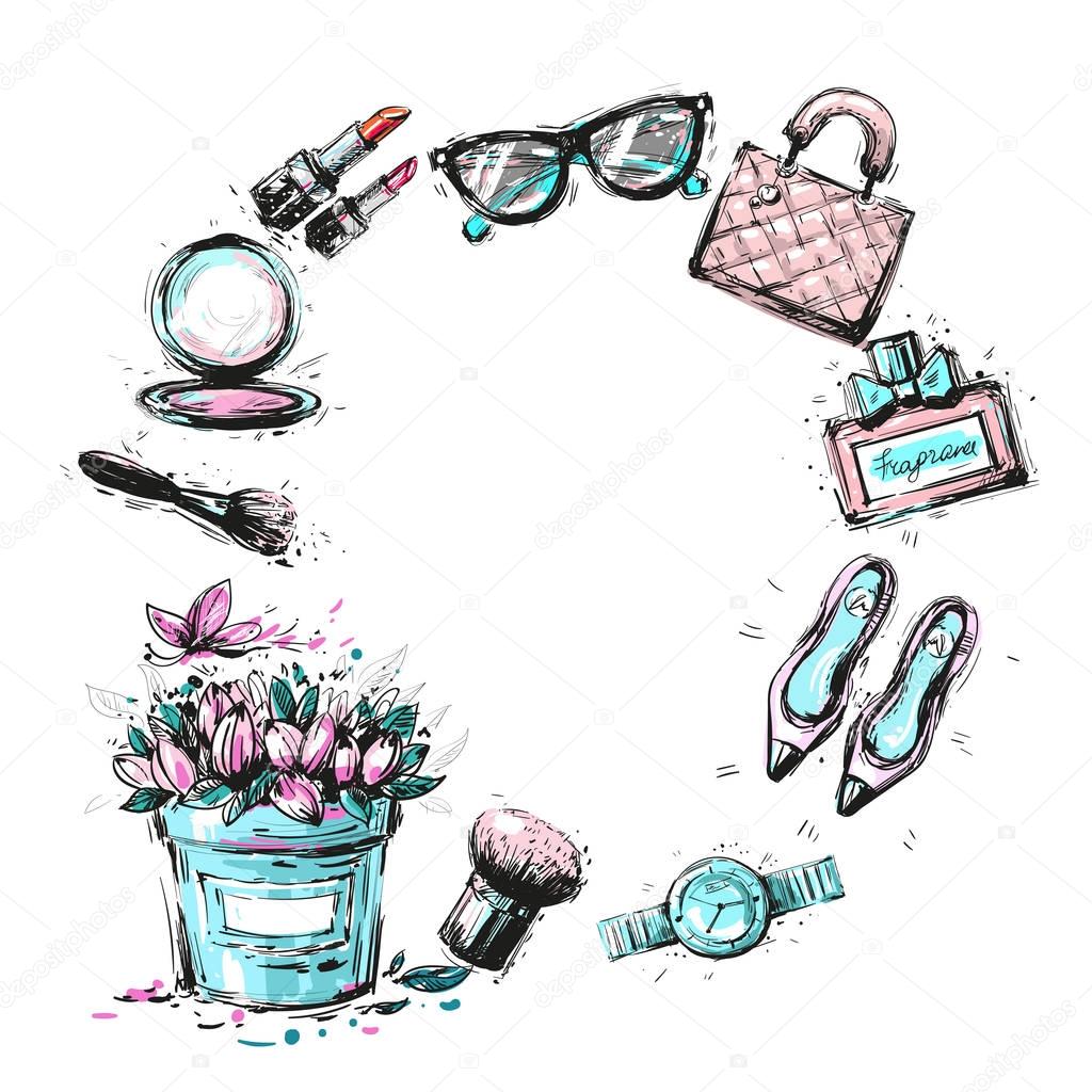 Cosmetics and fashion elements frame template vector