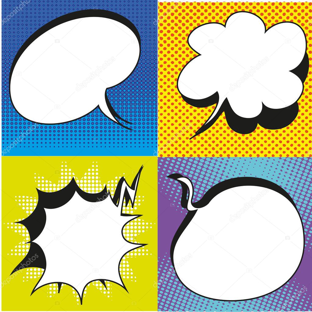 A set of comic bubbles and elements with halftone shadows.