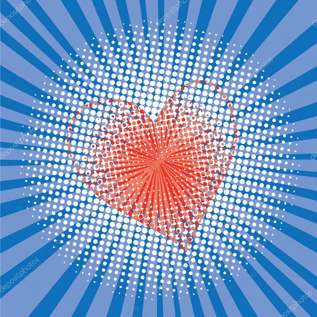 Pop art style halftone explosion with light rays and heart