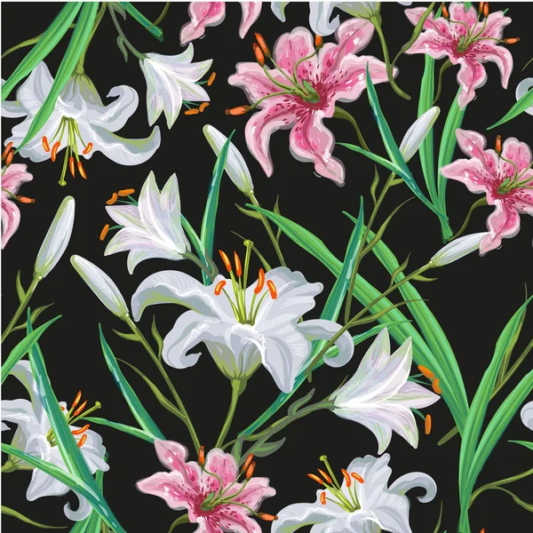 Nahtloses Muster mit Blumen. Iris. Lilie. Vektor. Handgezeichnet. schwarzer Hintergrund — Stockvektor