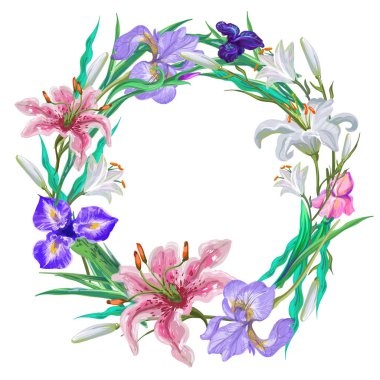 Botanik lily ve Iris çelenk çerçeve vektör