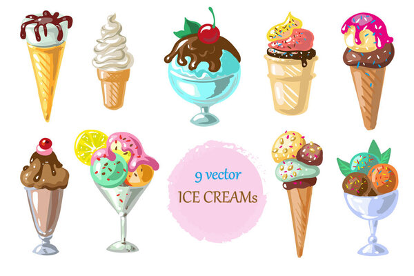 Коллекция из 9 векторных иллюстраций мороженого, изолированных на белом
