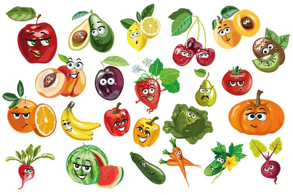 Fruits et baies et légumes Personnages assis et agitant — Image vectorielle