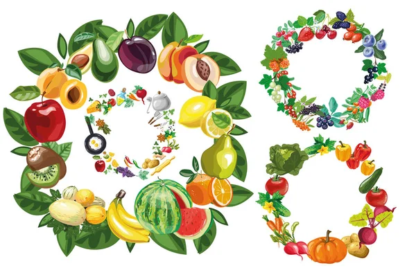 Ensemble de collecte de cadres de fruits, légumes, aliments et baies — Image vectorielle
