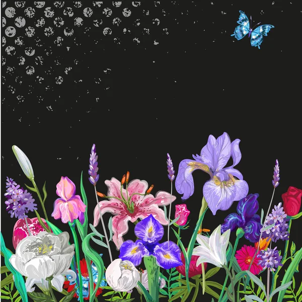 Zarte florale Leerschablone mit Schmetterling, Vektor handgezeichnetes Design auf Schwarz mit Grunge — Stockvektor