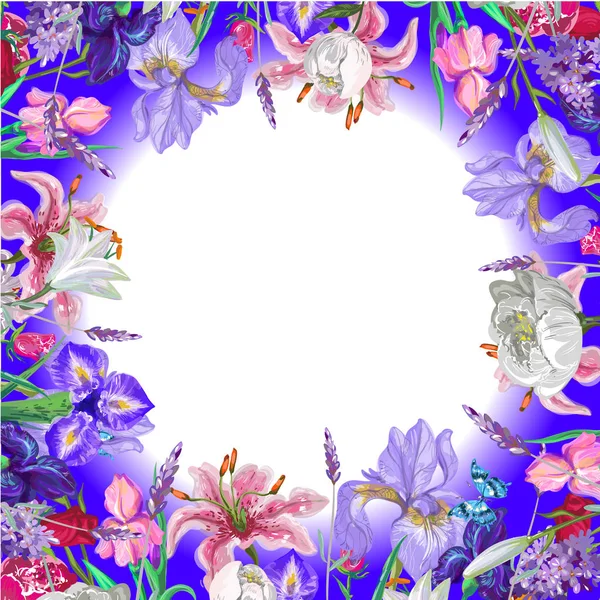 Ніжний круглий квітковий порожній шаблон з метеликом, векторний малюнок руки — стоковий вектор