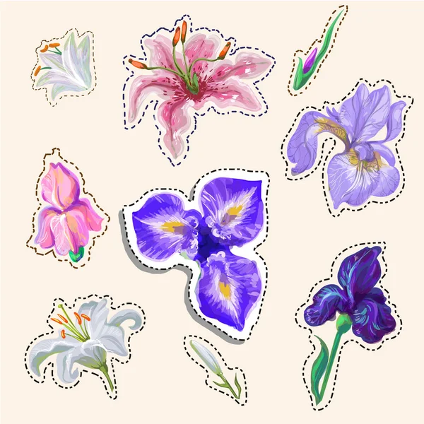 Adesivi di fiori teneri colori disegnati a mano in distintivi di moda vettoriale — Vettoriale Stock