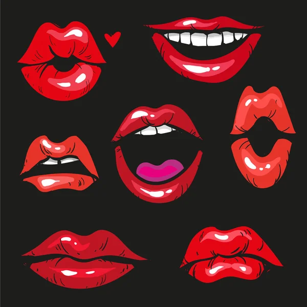 Woman lip gestures set. Girl mouths close up with red lipstick makeup expressing different emotions. — Stock Vector