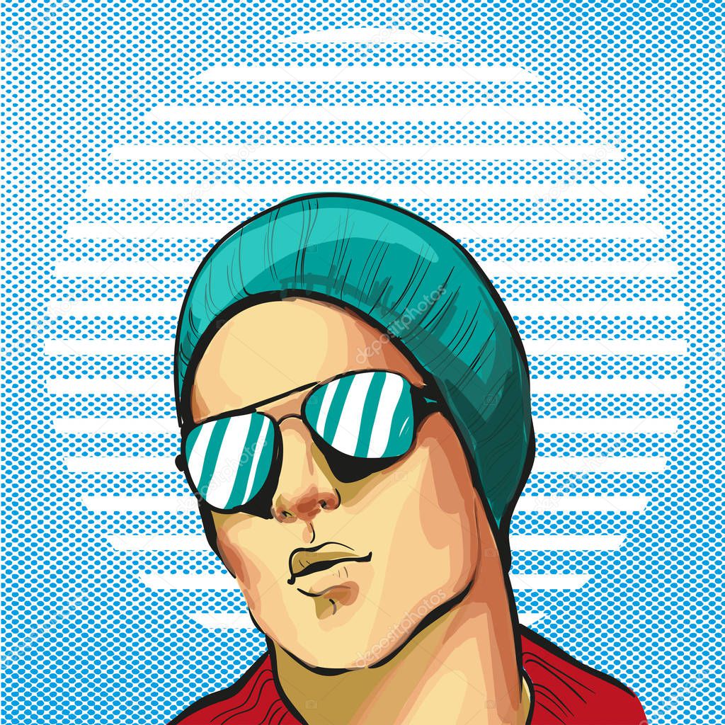 Guy young handsome fancy in hat and sunglasses halftone background