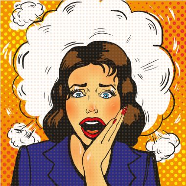 Geniş açık gözleri ve ağzı ve yükselen elleri çığlık seksi sürpriz pop sanat kadınla.