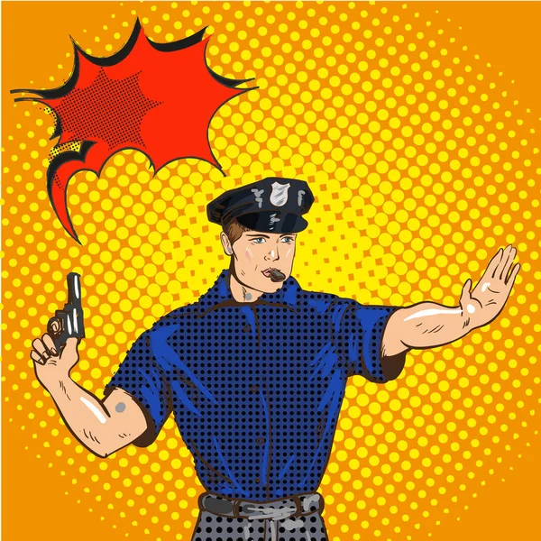 Ретро поліцейський зупиняє жест, поп-арт ретро Векторні ілюстрації. Закон і порядок — стоковий вектор