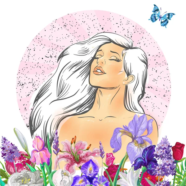Portrait de jeune belle femme blonde avec des fleurs — Image vectorielle