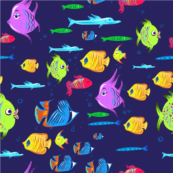 Ψάρια χωρίς ραφή πρότυπο. Κινουμένων σχεδίων χαριτωμένο ενυδρείο ψαριών ζώα υπόβαθρο για παιδιά εικονογράφηση φορέα εκτύπωσης — Διανυσματικό Αρχείο