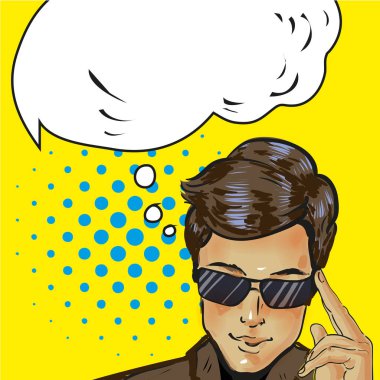 Güneş gözlüklü Cool işadamı bir şeyler, bir parmak için dudaklarını düşünüyordum. Pop art retro vektör çizim