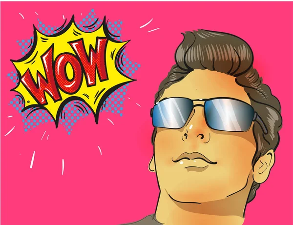 Wow pop art male face. Young sexy surprised man in glasses with open mouth and Wow speech bubble with stars. — Stock Vector