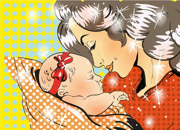 Día de las madres. Madre e hija en el estilo retro cómico del arte pop. Arte vectorial — Archivo Imágenes Vectoriales