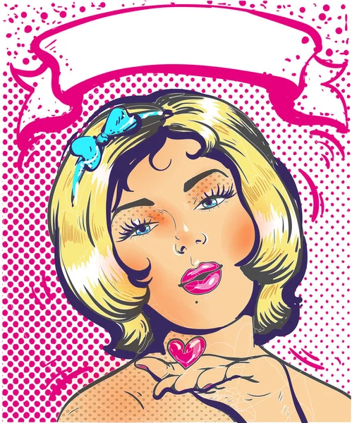 Amor rosa cinta arte mujer cara con un beso y corazón. Ilustración vectorial . — Vector de stock