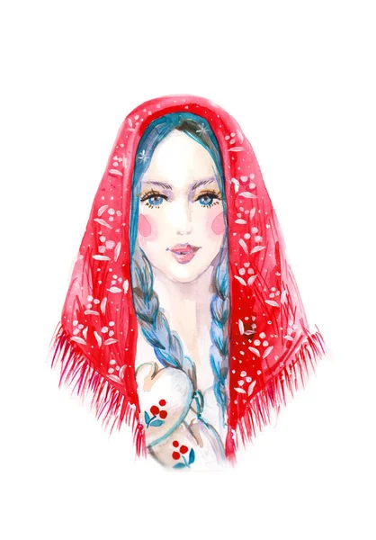 Beauté femme russe en châle rouge et mitaines aquarelle illustration — Photo