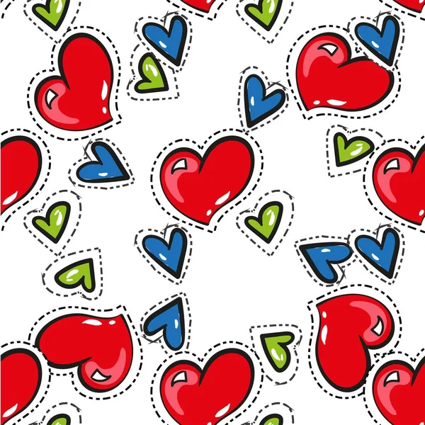 Бесшовный векторный рисунок с детскими мультяшными сердцами. наклейки. Ручная работа. День Святого Валентина — стоковый вектор