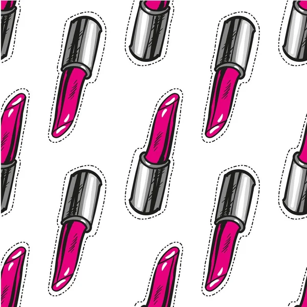 Seamless fashion pattern. Make up collection. Lipstick cartoon hand drawn on white