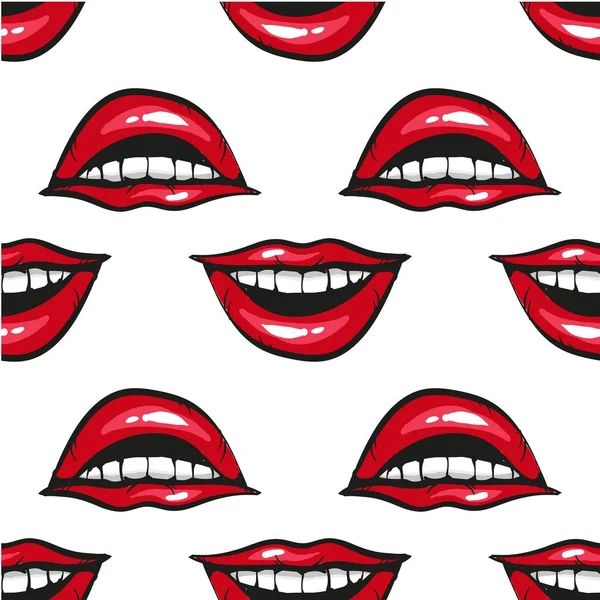 Kırmızı dudaklar ve beyaz dişler pop sanat stil seamless modeli ile ağız gülümse — Stok Vektör