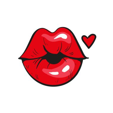 Bir öpücük aşk seksi kırmızı dudaklar. Ve üzerinde beyaz izole kırmızı kalp. Vektör çizim.