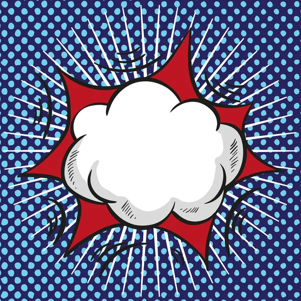 Nube de habla cómica con explosión roja y rayos sobre fondo semitono — Vector de stock