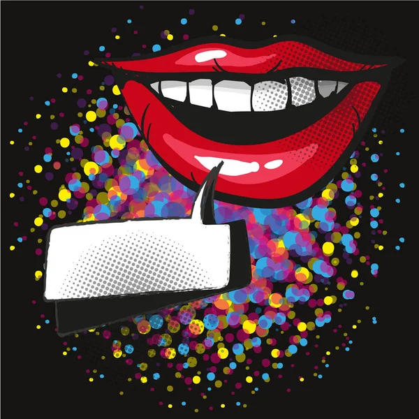 Komische lippen glimlach toespraak Bubble Pop Art op Dot zwarte achtergrond vectorillustratie — Stockvector