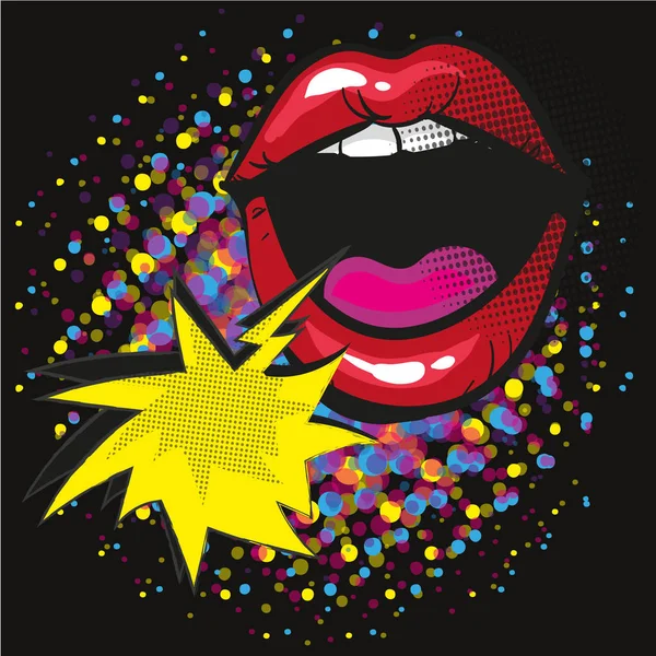 Комические губы кричат о пузыре поп-арта на черном фоне — стоковый вектор