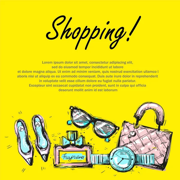 Banner de modelo de moda, design brilhante accessorize em amarelo com texto — Vetor de Stock