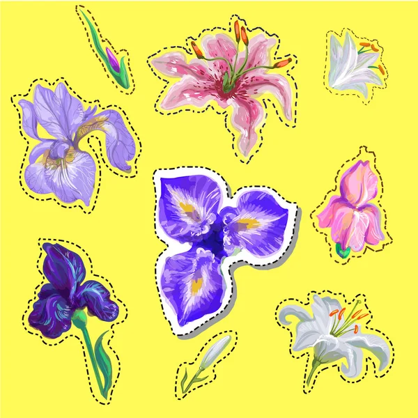 Stickerei florale Patches mit vereinfachten Rosen und Bienen. Vektorbestickte Blumenelemente für Modedesign. — Stockvektor