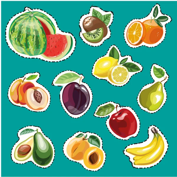 Broderie collection de fruits. Stickers mode vectorielle ananas, myrtille, pêches, prune — Image vectorielle