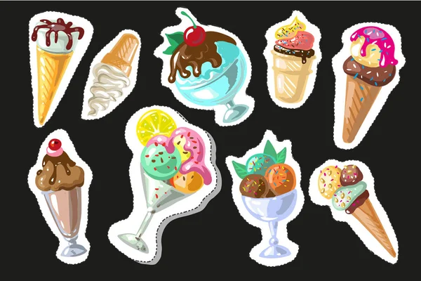 Gran conjunto de lindos helados de dibujos animados pegatinas. pegatinas lindas, parches o alfileres colección — Vector de stock