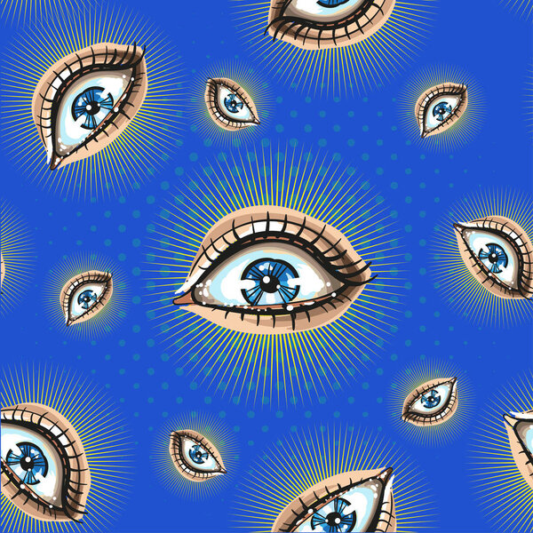 Бесшовный рисунок с жуткими глазами широко открытыми ярко на голубой с полутоном
