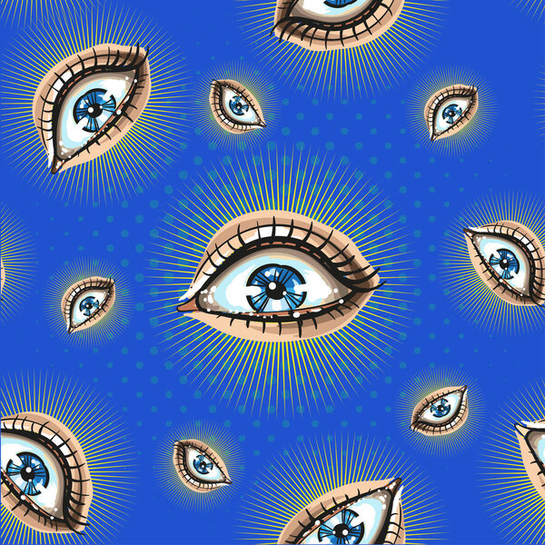 Seamless pattern with creepy eyes wide open bright on blue with halftone