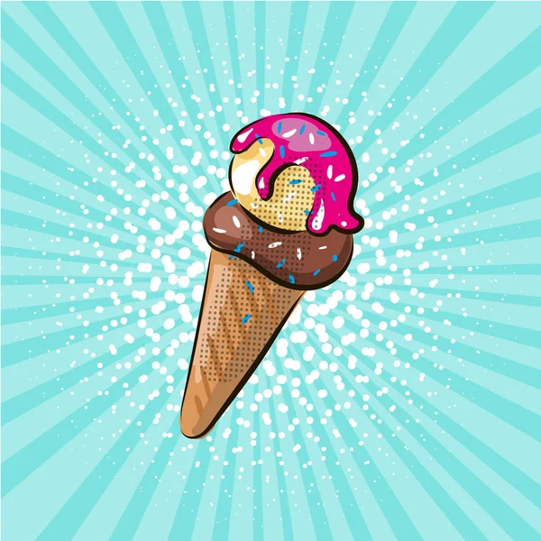 The ice cream cone with three flavors pop art retro style. Fast and street food. — Stock Vector