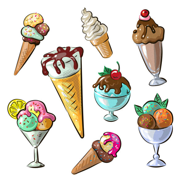 Набор мороженого ручной работы изолирован на белом фоне. Векторная иллюстрация
